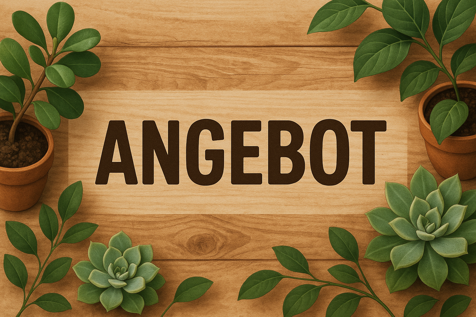 Banner für Angebote mit pflanzen und Holz mit beschriftung "Angebot"